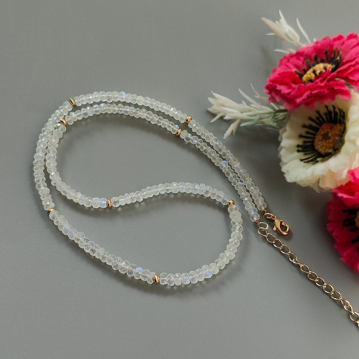 Rainbow Moonstone Gemstone Beads Necklace: 15.79gms Natural Moonstone Plain Rondelle Brass Necklace 19" Necklace June Birthstone