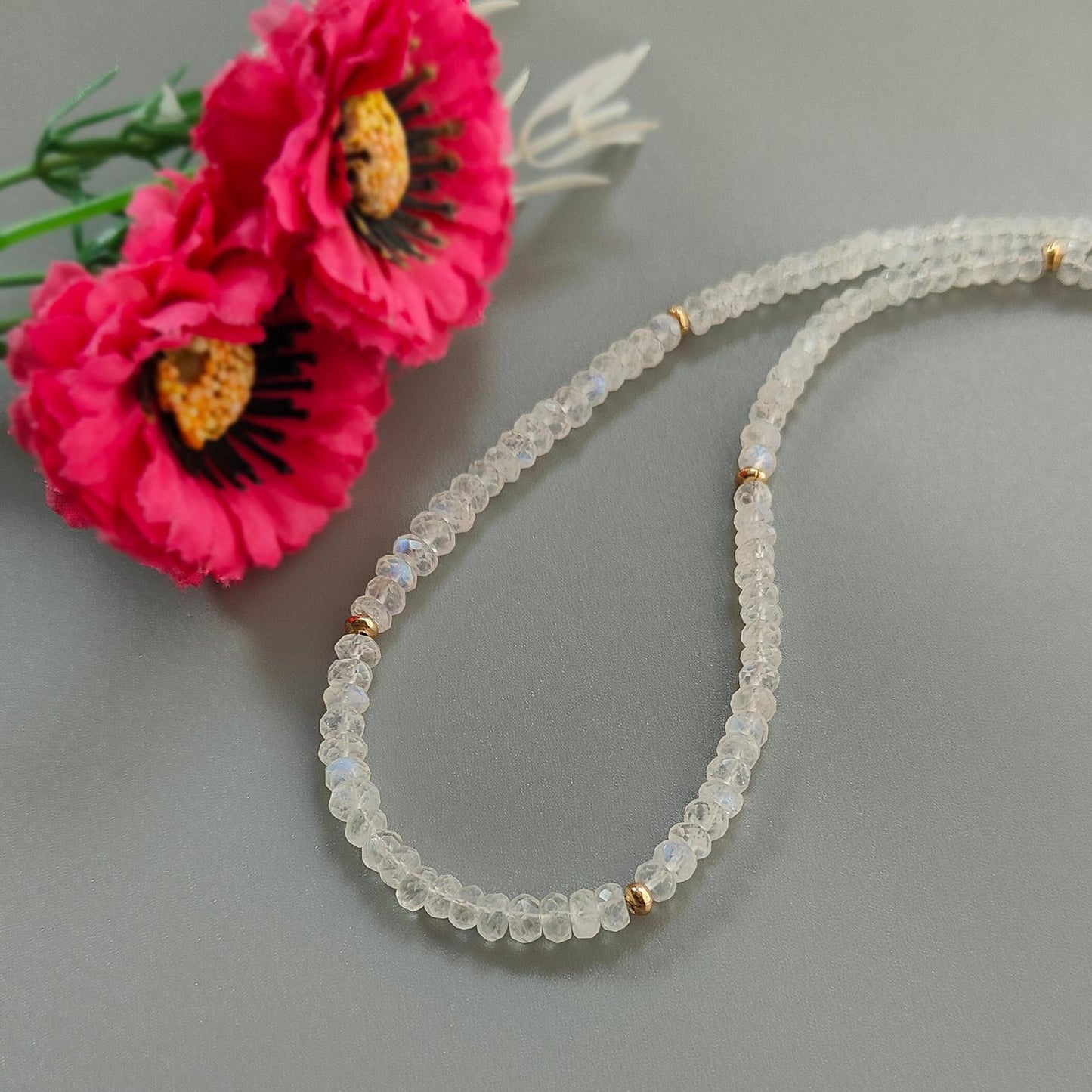 Rainbow Moonstone Gemstone Beads Necklace: 15.79gms Natural Moonstone Plain Rondelle Brass Necklace 19" Necklace June Birthstone