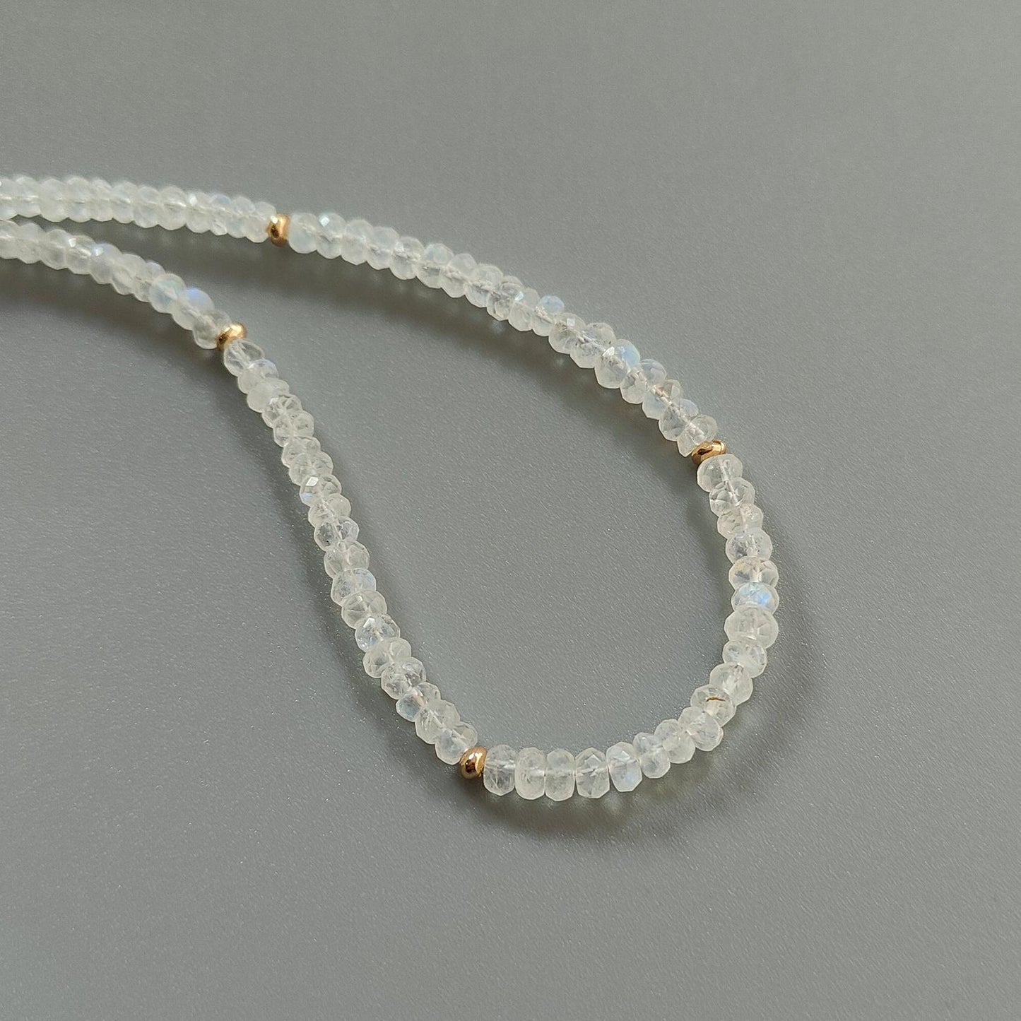 Rainbow Moonstone Gemstone Beads Necklace: 15.79gms Natural Moonstone Plain Rondelle Brass Necklace 19" Necklace June Birthstone