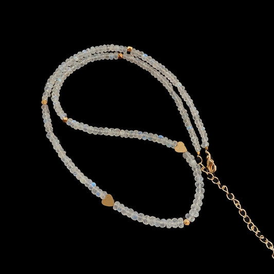 Rainbow Moonstone Gemstone Beads Necklace: 16.49gms Natural Moonstone Plain Rondelle Brass Necklace 20" Necklace June Birthstone
