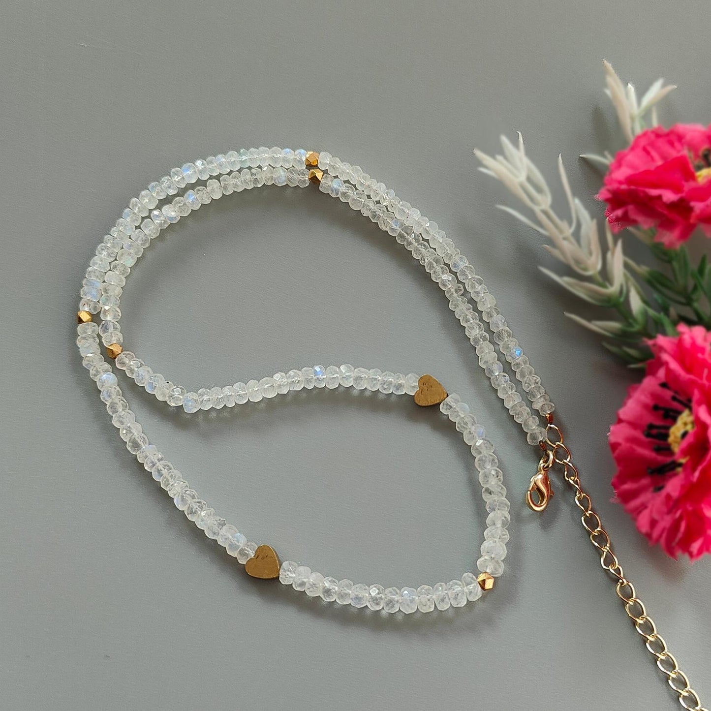 Rainbow Moonstone Gemstone Beads Necklace: 16.49gms Natural Moonstone Plain Rondelle Brass Necklace 20" Necklace June Birthstone