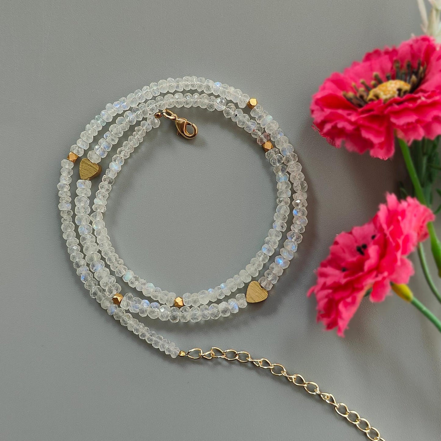 Rainbow Moonstone Gemstone Beads Necklace: 16.49gms Natural Moonstone Plain Rondelle Brass Necklace 20" Necklace June Birthstone