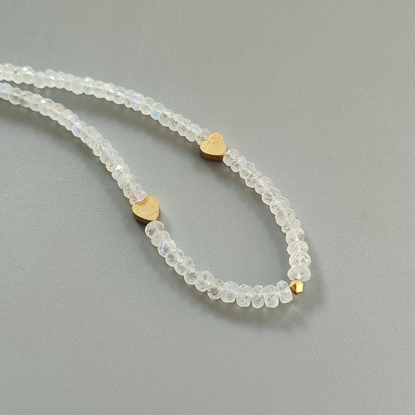 Rainbow Moonstone Gemstone Beads Necklace: 16.49gms Natural Moonstone Plain Rondelle Brass Necklace 20" Necklace June Birthstone