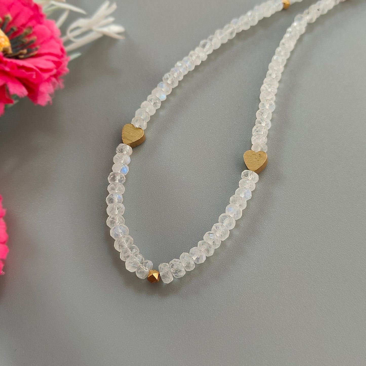 Rainbow Moonstone Gemstone Beads Necklace: 16.49gms Natural Moonstone Plain Rondelle Brass Necklace 20" Necklace June Birthstone