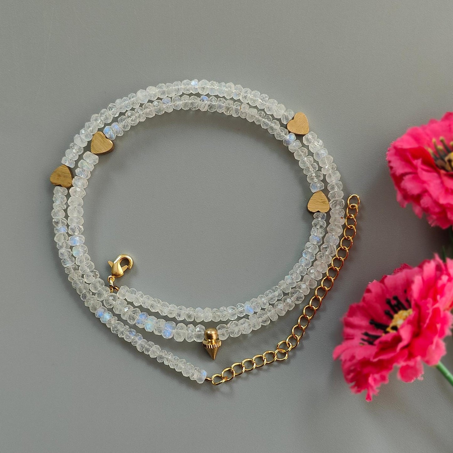 Rainbow Moonstone Gemstone Beads Necklace: 17.96gms Natural Moonstone Plain Rondelle Brass Necklace 19.5" Necklace June Birthstone