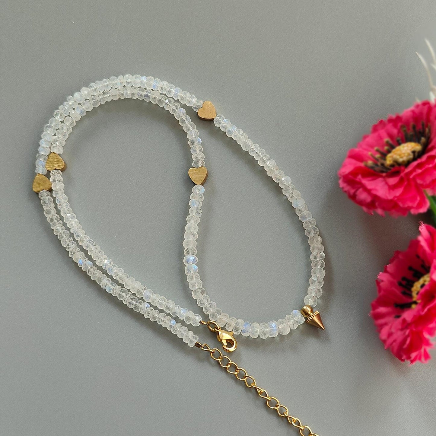 Rainbow Moonstone Gemstone Beads Necklace: 17.96gms Natural Moonstone Plain Rondelle Brass Necklace 19.5" Necklace June Birthstone