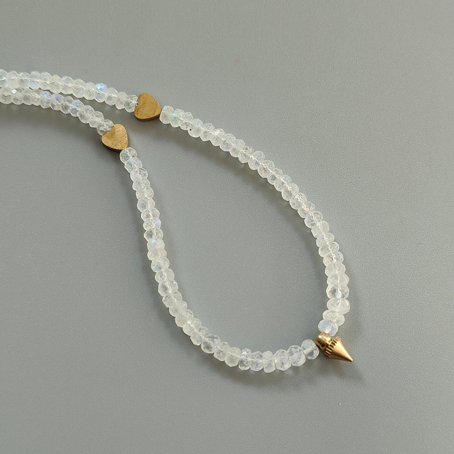 Rainbow Moonstone Gemstone Beads Necklace: 17.96gms Natural Moonstone Plain Rondelle Brass Necklace 19.5" Necklace June Birthstone