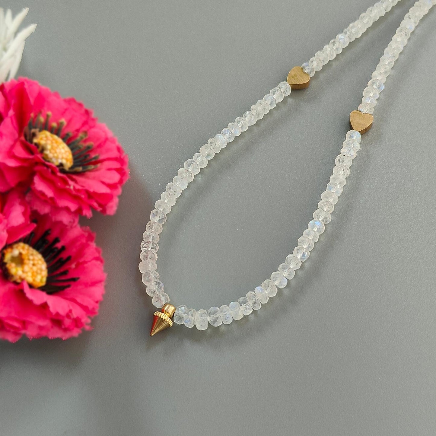 Rainbow Moonstone Gemstone Beads Necklace: 17.96gms Natural Moonstone Plain Rondelle Brass Necklace 19.5" Necklace June Birthstone