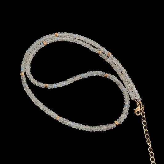 Rainbow Moonstone Gemstone Beads Necklace: 17.13gms Natural Moonstone Plain Rondelle Brass Necklace 21" Necklace June Birthstone
