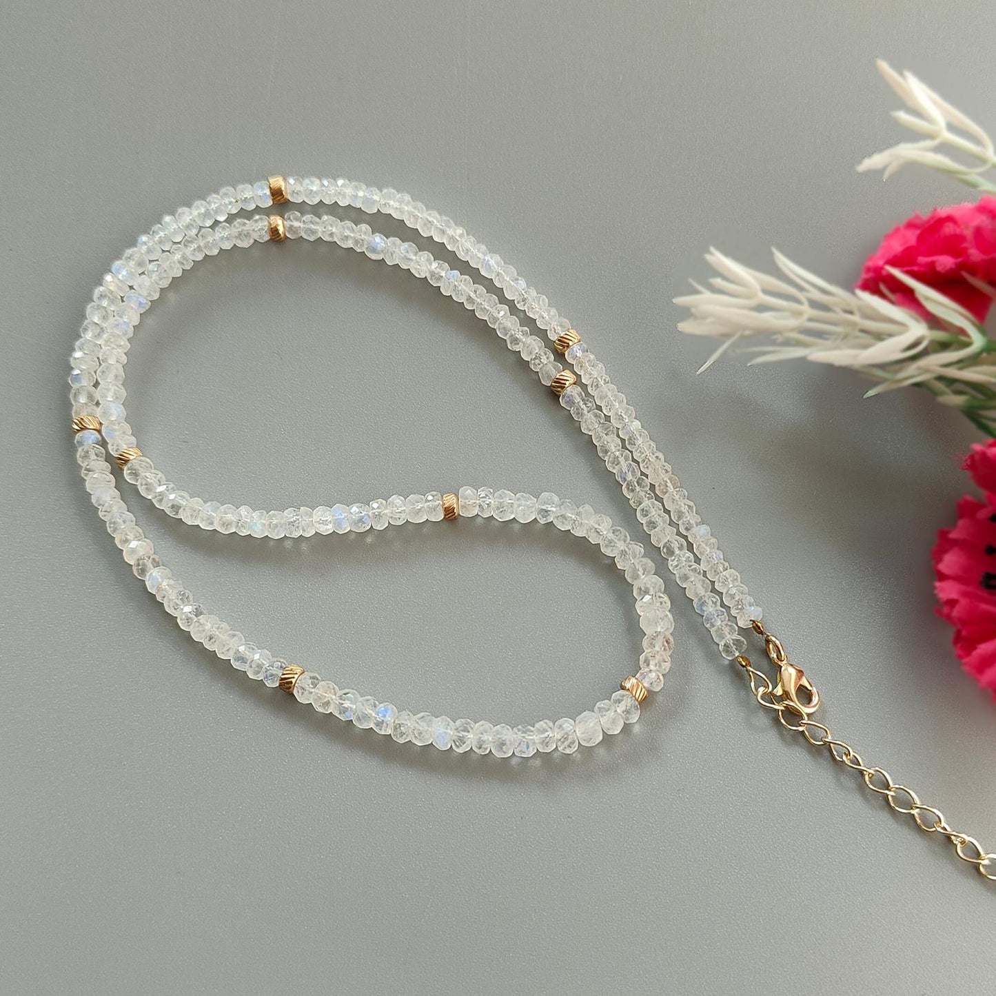 Rainbow Moonstone Gemstone Beads Necklace: 17.13gms Natural Moonstone Plain Rondelle Brass Necklace 21" Necklace June Birthstone