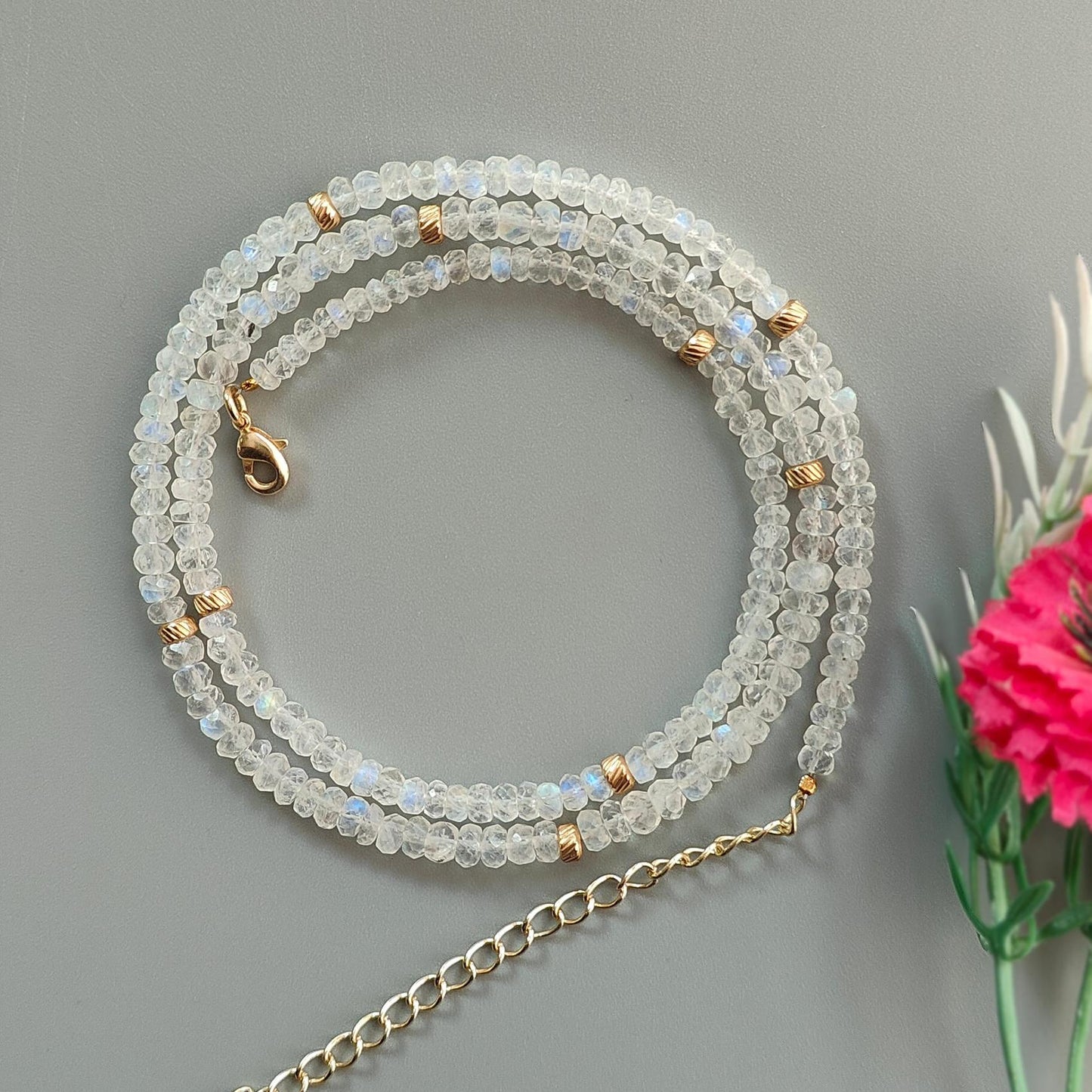 Rainbow Moonstone Gemstone Beads Necklace: 17.13gms Natural Moonstone Plain Rondelle Brass Necklace 21" Necklace June Birthstone