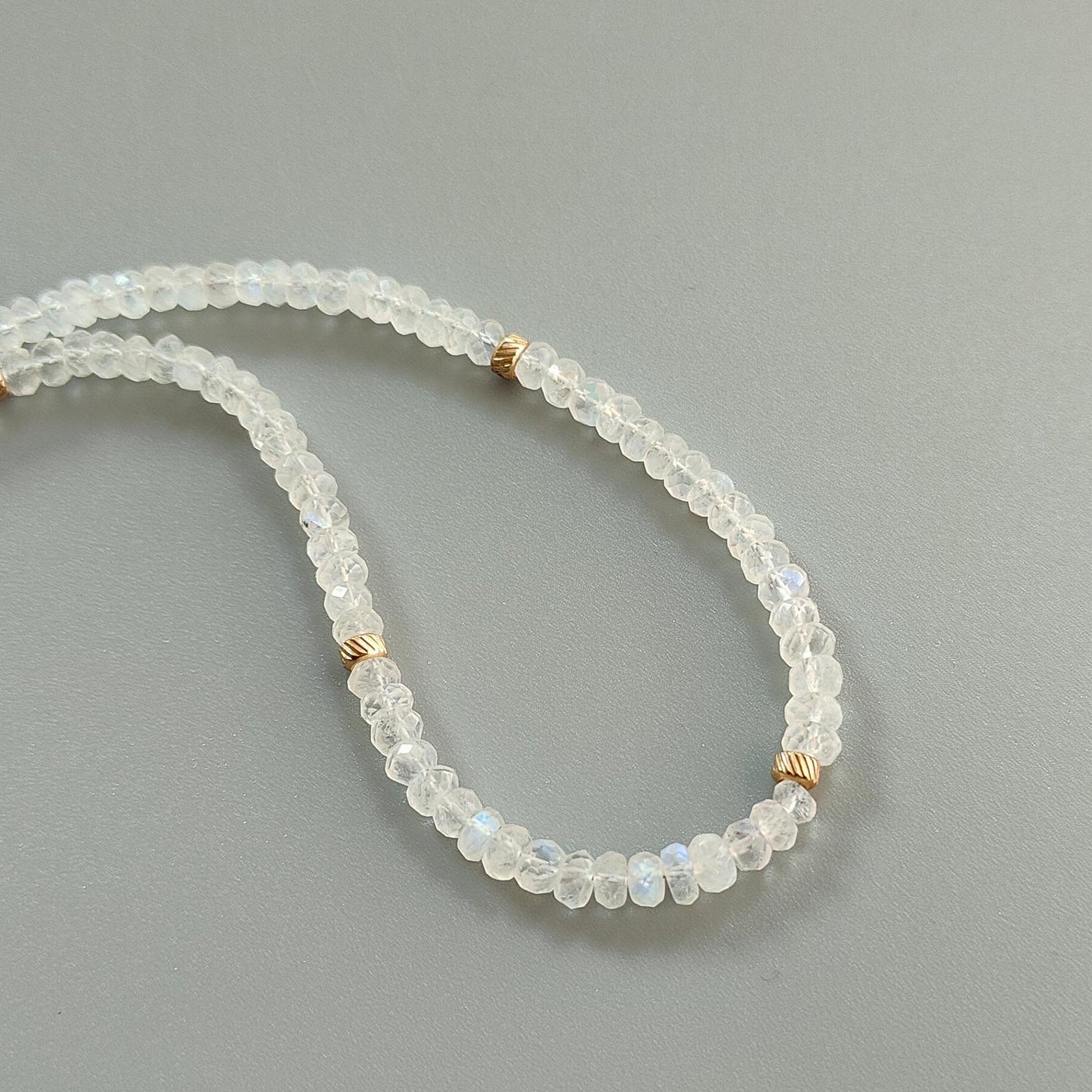 Rainbow Moonstone Gemstone Beads Necklace: 17.13gms Natural Moonstone Plain Rondelle Brass Necklace 21" Necklace June Birthstone