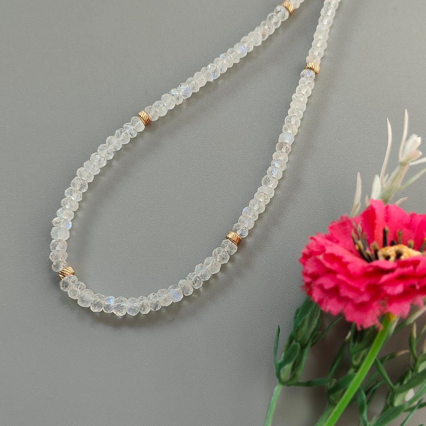 Rainbow Moonstone Gemstone Beads Necklace: 17.13gms Natural Moonstone Plain Rondelle Brass Necklace 21" Necklace June Birthstone