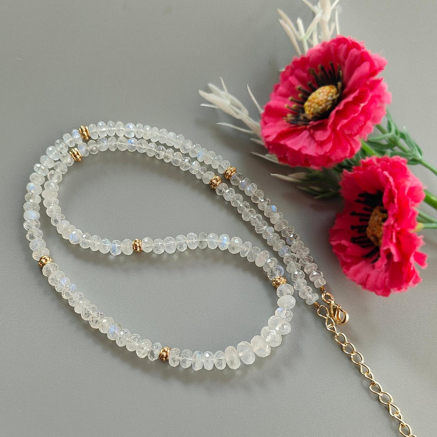 Rainbow Moonstone Gemstone Beads Necklace: 22.85gms Natural Moonstone Plain Rondelle Brass Necklace 19" Necklace June Birthstone