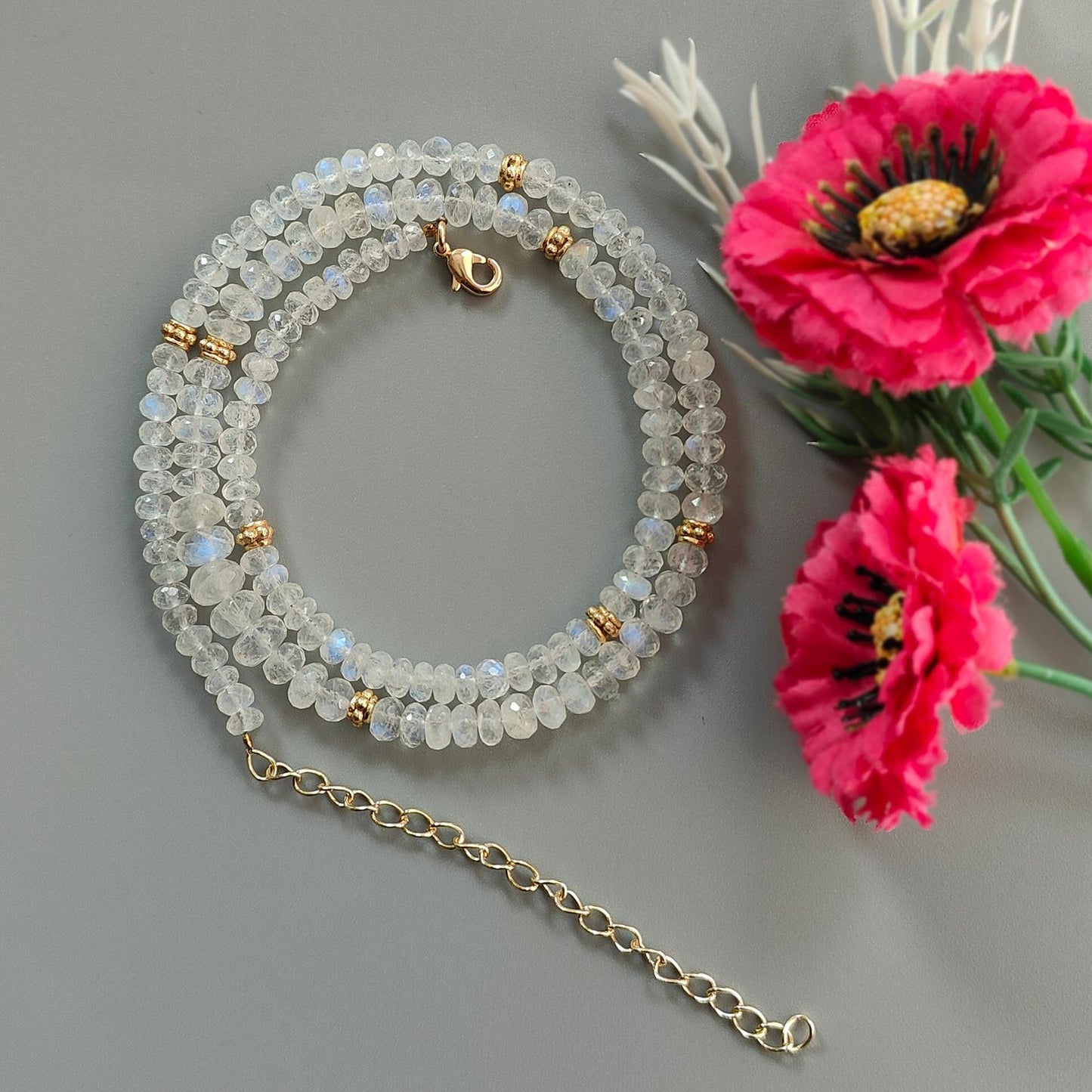 Rainbow Moonstone Gemstone Beads Necklace: 22.85gms Natural Moonstone Plain Rondelle Brass Necklace 19" Necklace June Birthstone