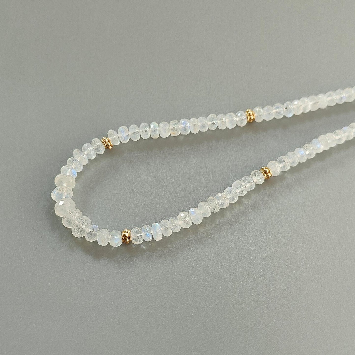 Rainbow Moonstone Gemstone Beads Necklace: 22.85gms Natural Moonstone Plain Rondelle Brass Necklace 19" Necklace June Birthstone