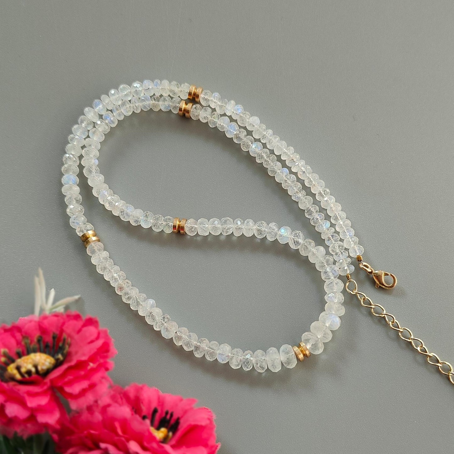 Rainbow Moonstone Gemstone Beads Necklace: 24.64gms Natural Moonstone Plain Rondelle Brass Necklace 19" Necklace June Birthstone