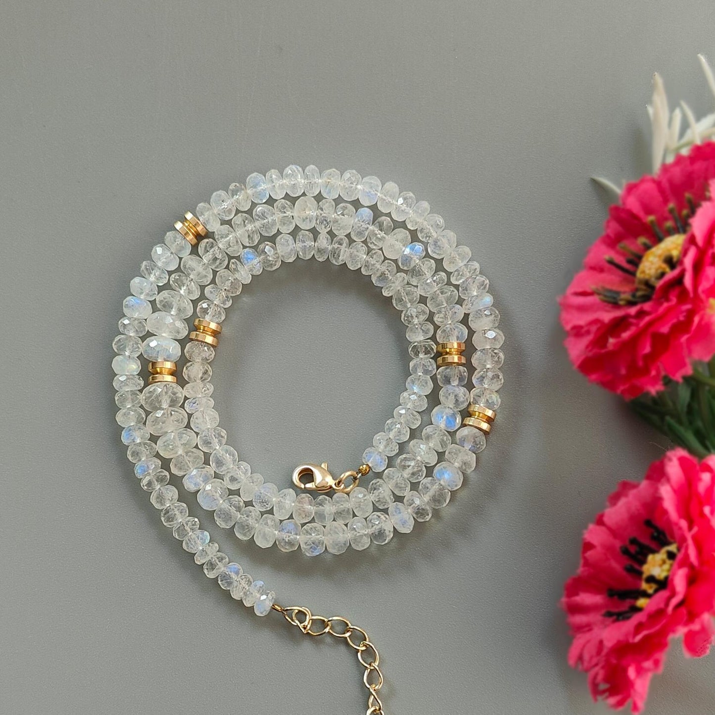 Rainbow Moonstone Gemstone Beads Necklace: 24.64gms Natural Moonstone Plain Rondelle Brass Necklace 19" Necklace June Birthstone