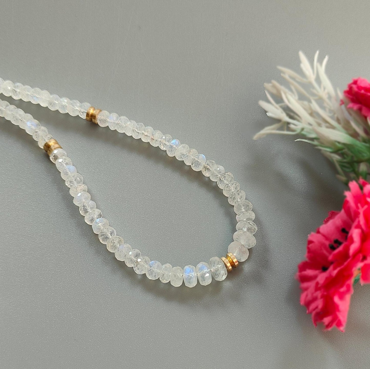 Rainbow Moonstone Gemstone Beads Necklace: 24.64gms Natural Moonstone Plain Rondelle Brass Necklace 19" Necklace June Birthstone