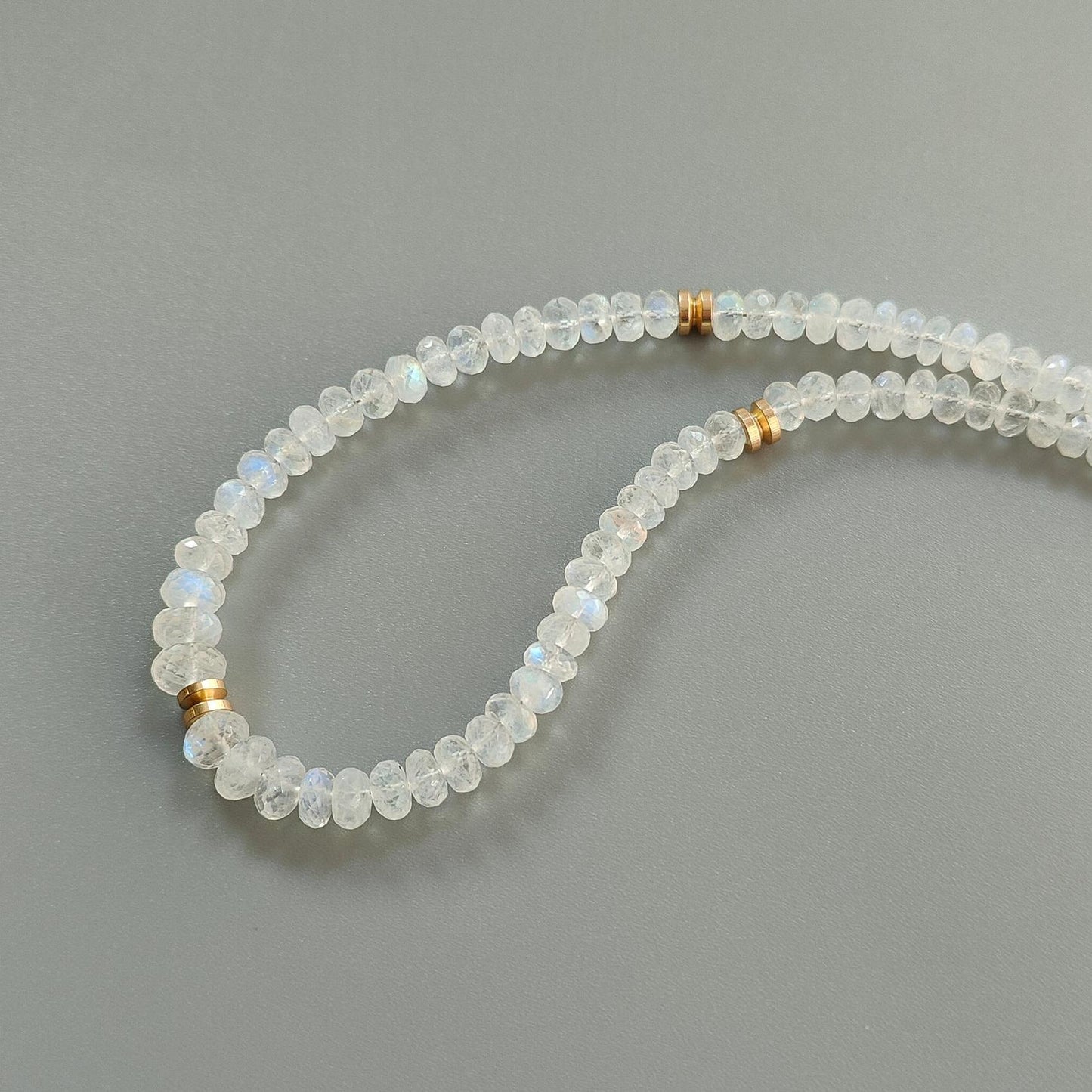 Rainbow Moonstone Gemstone Beads Necklace: 24.64gms Natural Moonstone Plain Rondelle Brass Necklace 19" Necklace June Birthstone