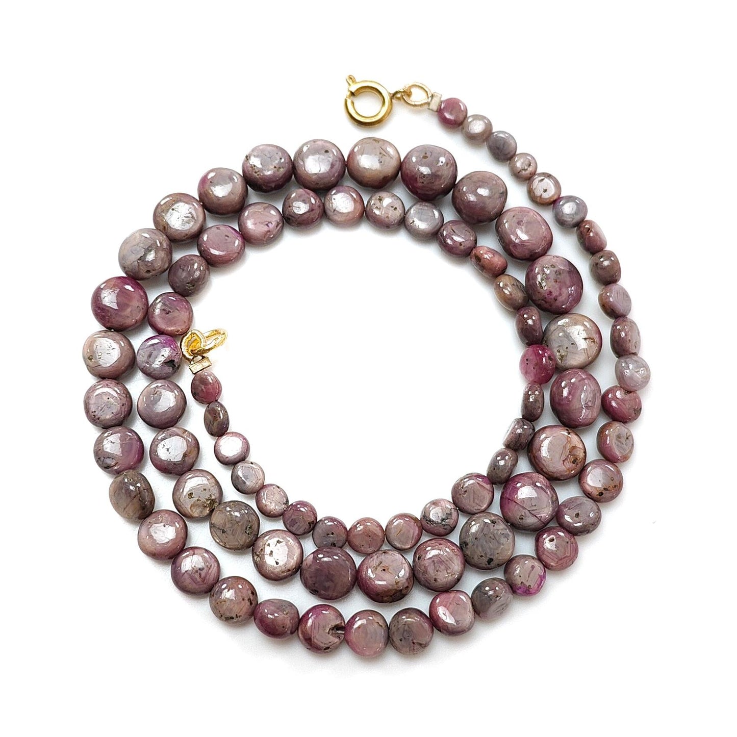 Pink Sapphire Gemstone Beads Necklace: 28.00gms Natural Untreated Unheated Sapphire Plain Round Brass Necklace 5mm - 9mm 19"