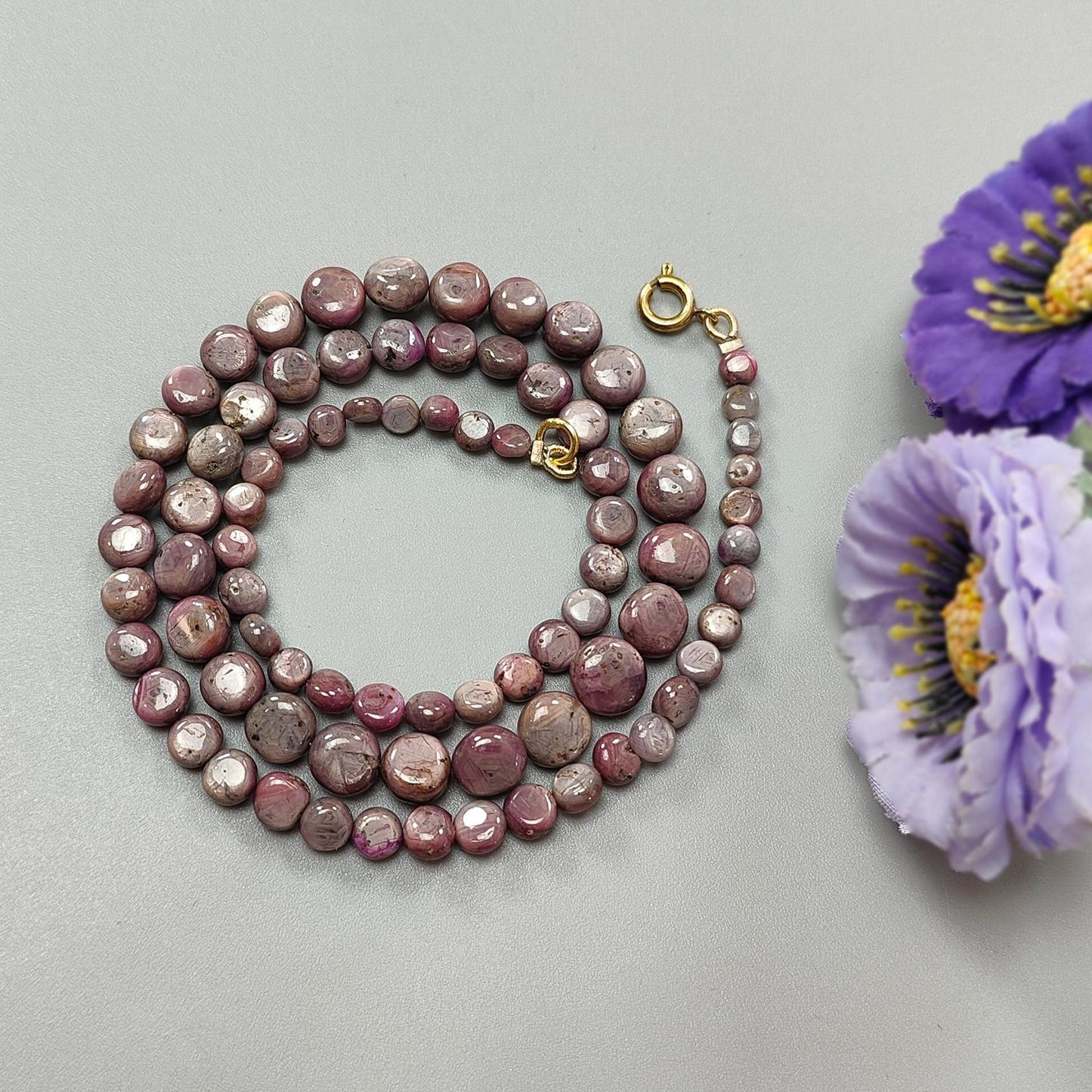 Pink Sapphire Gemstone Beads Necklace: 28.00gms Natural Untreated Unheated Sapphire Plain Round Brass Necklace 5mm - 9mm 19"