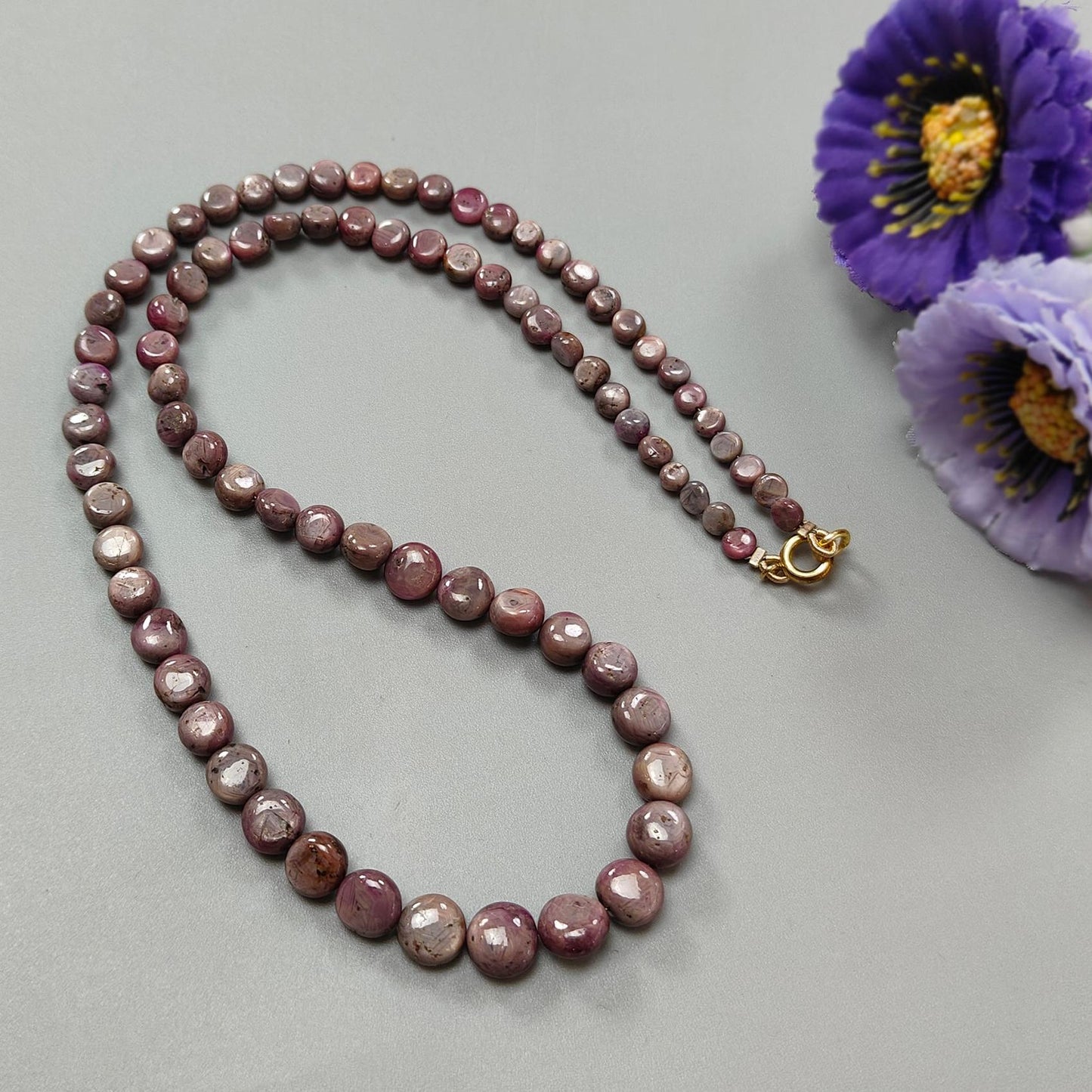 Pink Sapphire Gemstone Beads Necklace: 28.00gms Natural Untreated Unheated Sapphire Plain Round Brass Necklace 5mm - 9mm 19"