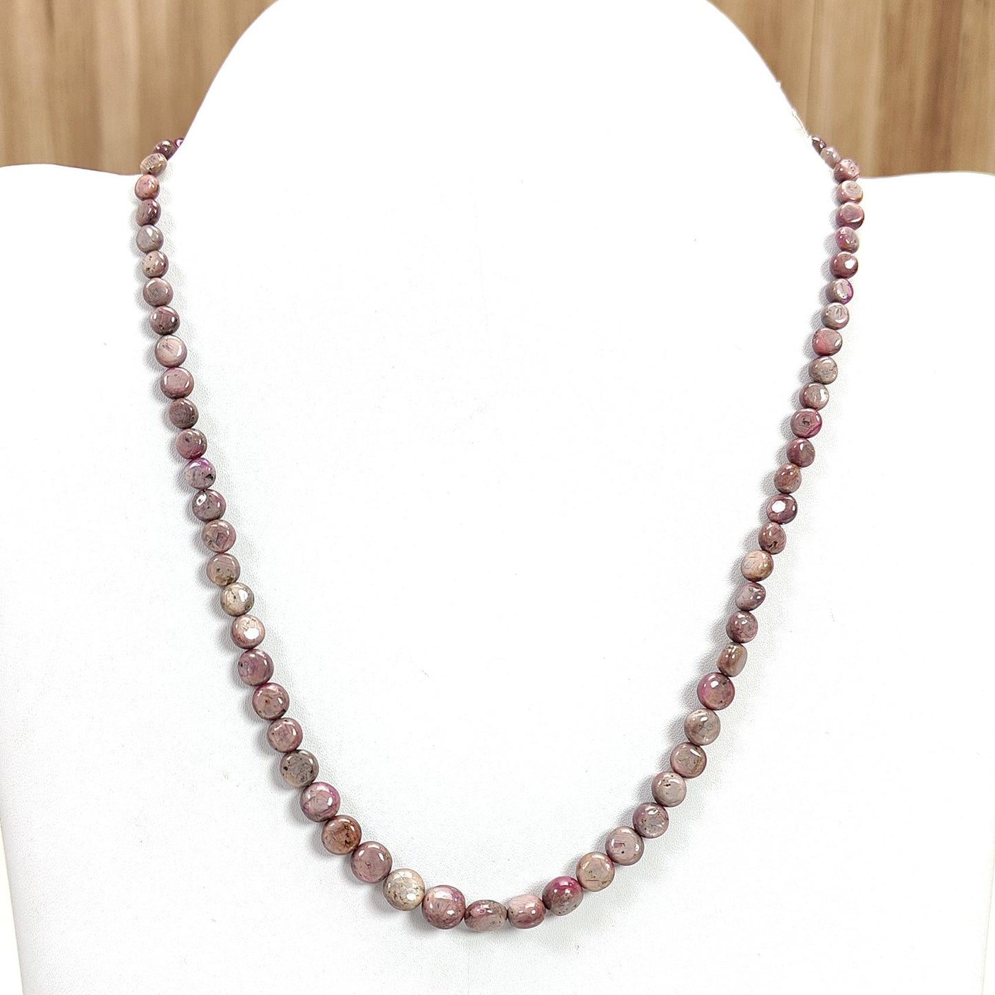 Pink Sapphire Gemstone Beads Necklace: 28.00gms Natural Untreated Unheated Sapphire Plain Round Brass Necklace 5mm - 9mm 19"