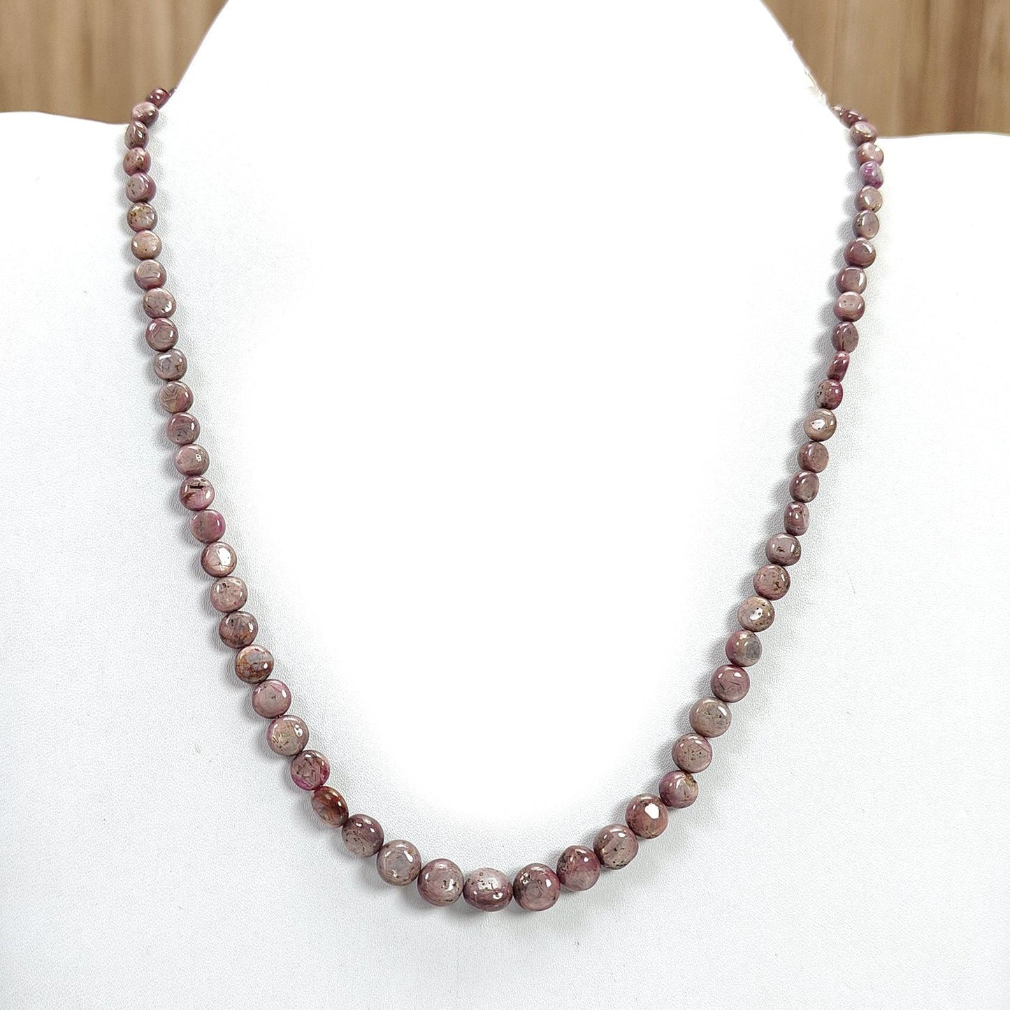 Pink Sapphire Gemstone Beads Necklace: 28.50gms Natural Untreated Unheated Sapphire Plain Round Brass Necklace 4mm - 8mm 19"