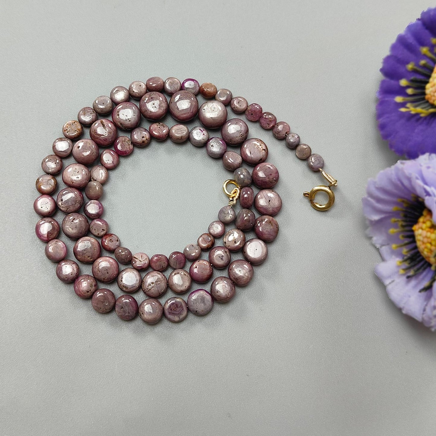 Pink Sapphire Gemstone Beads Necklace: 29.22gms Natural Untreated Unheated Sapphire Plain Round Brass Necklace 4mm - 9mm 20"