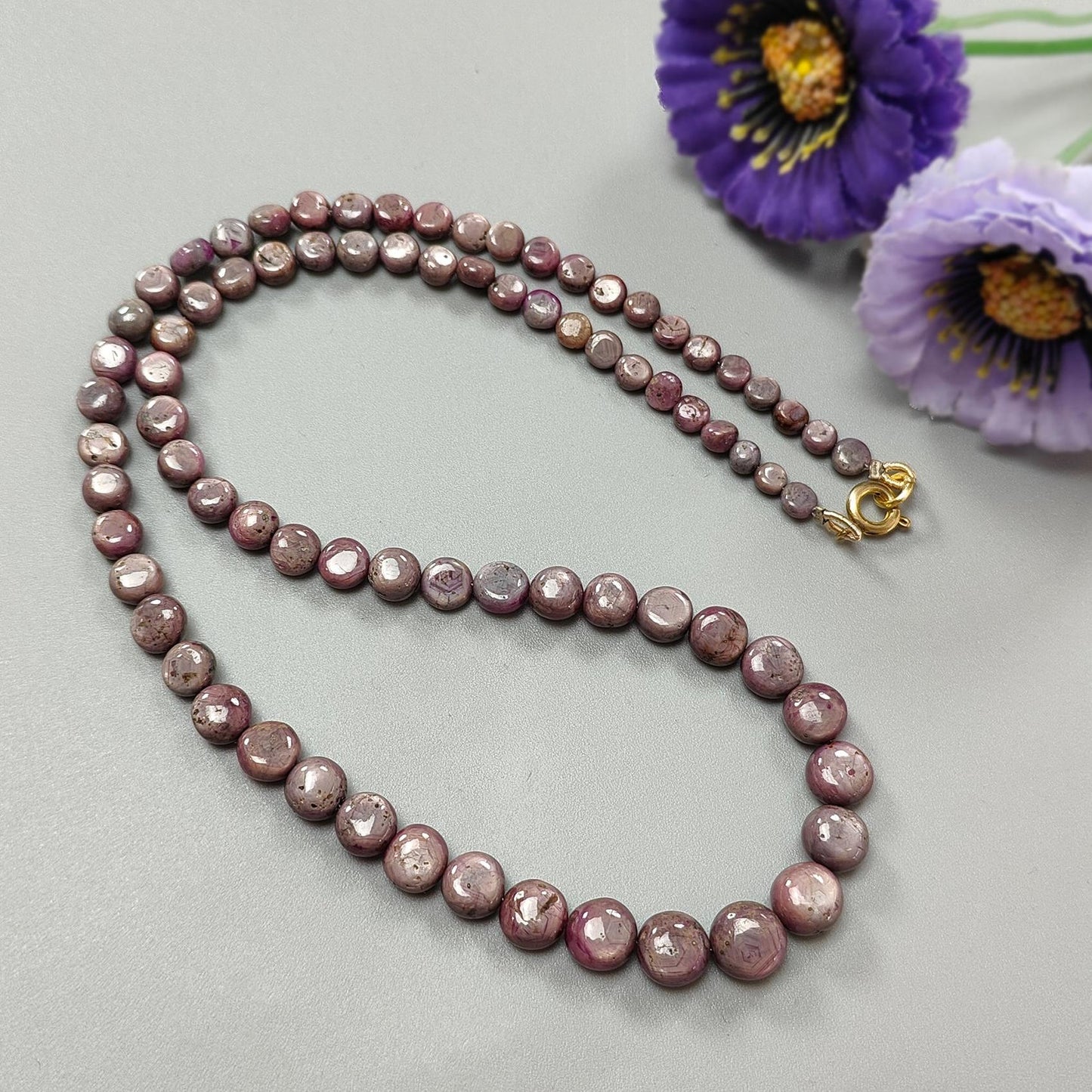 Pink Sapphire Gemstone Beads Necklace: 29.22gms Natural Untreated Unheated Sapphire Plain Round Brass Necklace 4mm - 9mm 20"
