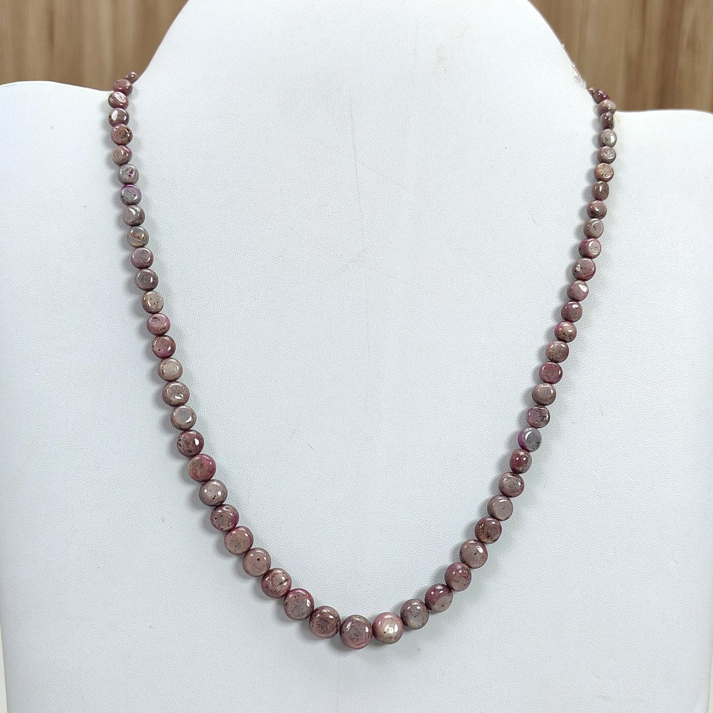 Pink Sapphire Gemstone Beads Necklace: 29.22gms Natural Untreated Unheated Sapphire Plain Round Brass Necklace 4mm - 9mm 20"
