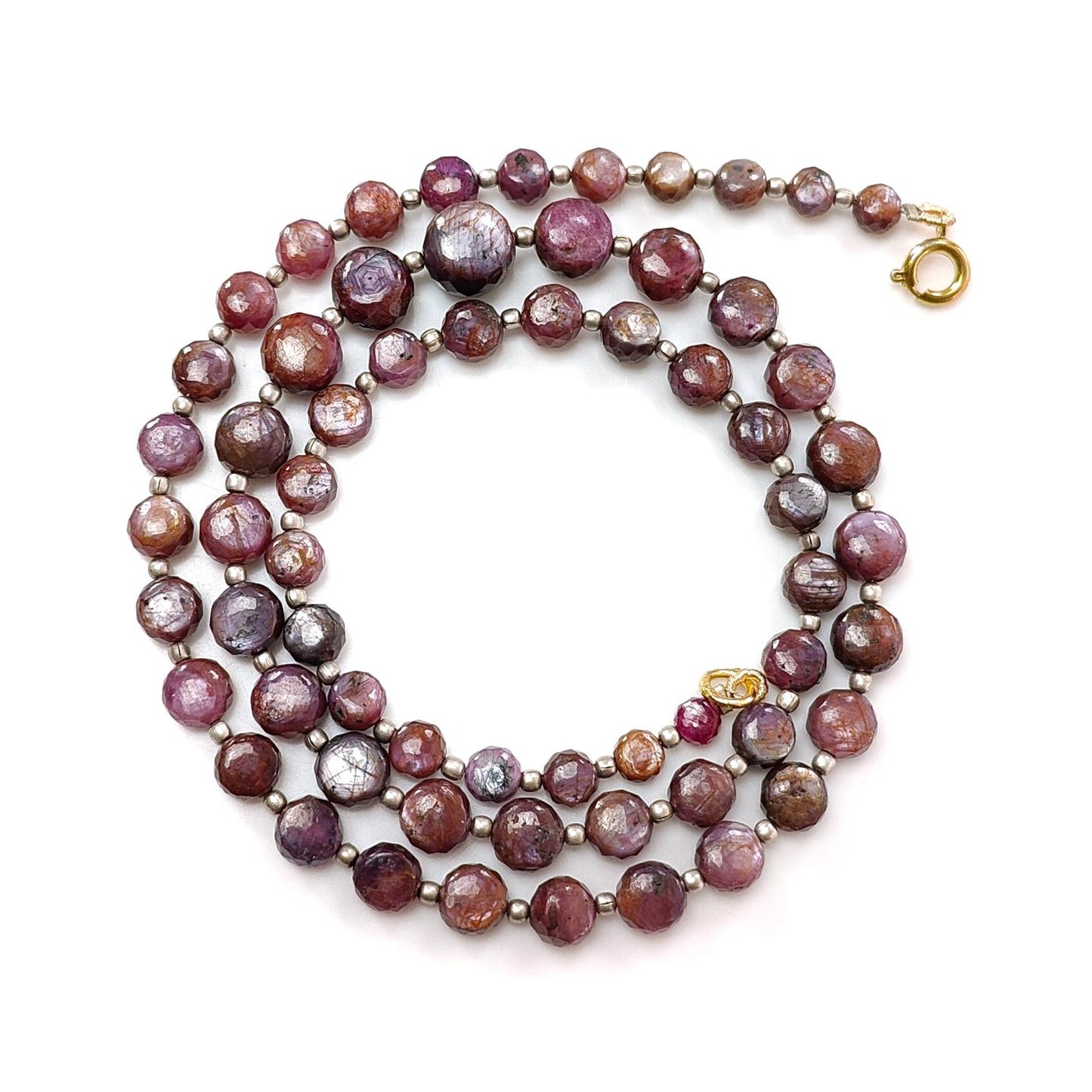 Pink Sapphire Gemstone Beads Necklace: 158.40cts Natural Untreated Raspberry Sapphire Plain Side Faceted Round Brass Necklace 5mm - 9mm 21"