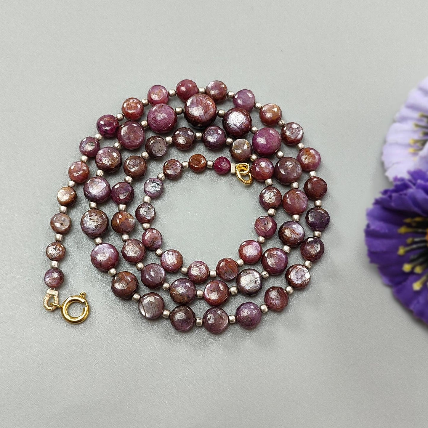Pink Sapphire Gemstone Beads Necklace: 158.40cts Natural Untreated Raspberry Sapphire Plain Side Faceted Round Brass Necklace 5mm - 9mm 21"