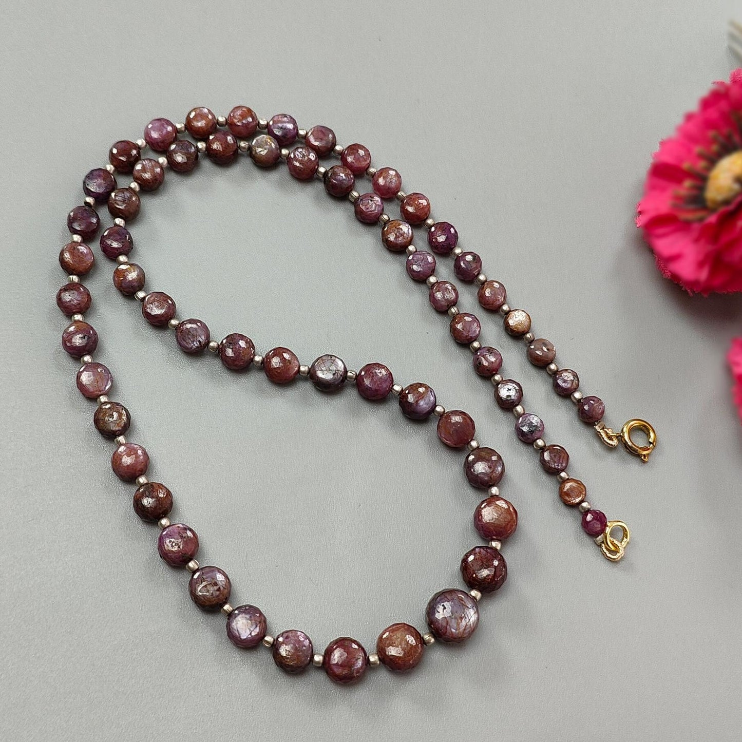 Pink Sapphire Gemstone Beads Necklace: 158.40cts Natural Untreated Raspberry Sapphire Plain Side Faceted Round Brass Necklace 5mm - 9mm 21"