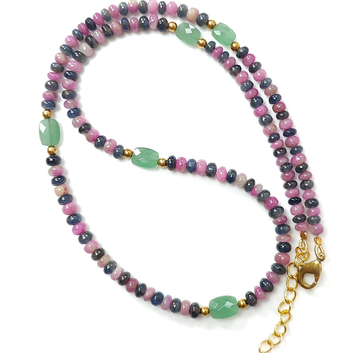Zoisite Ruby & Blue Sapphire Gemstone Beads Necklace: Natural Untreated Ruby, Green Quartzite Plain Rondelle Brass Necklace 18" 1 Strand