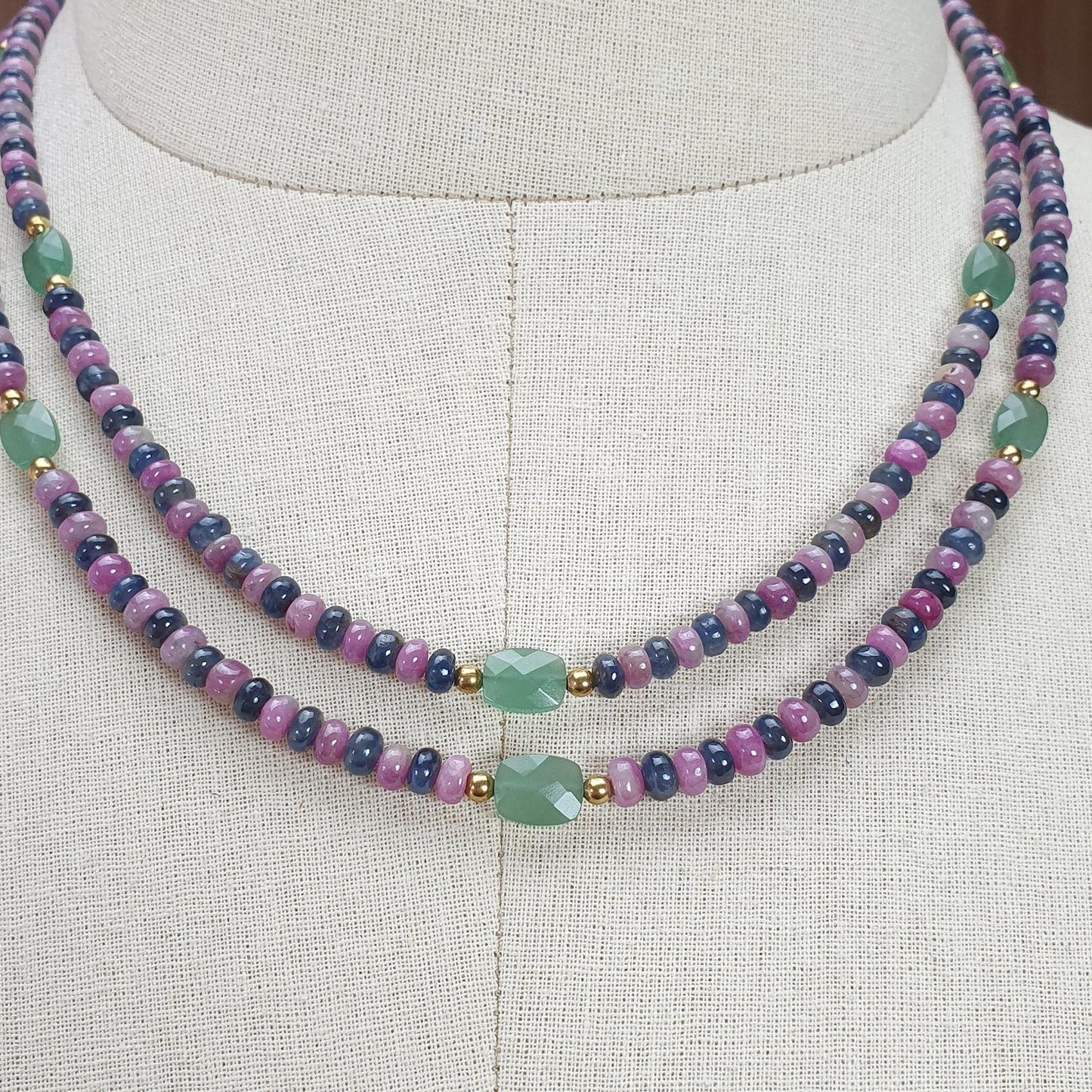 Zoisite Ruby & Blue Sapphire Gemstone Beads Necklace: Natural Untreated Ruby, Green Quartzite Plain Rondelle Brass Necklace 18" 1 Strand