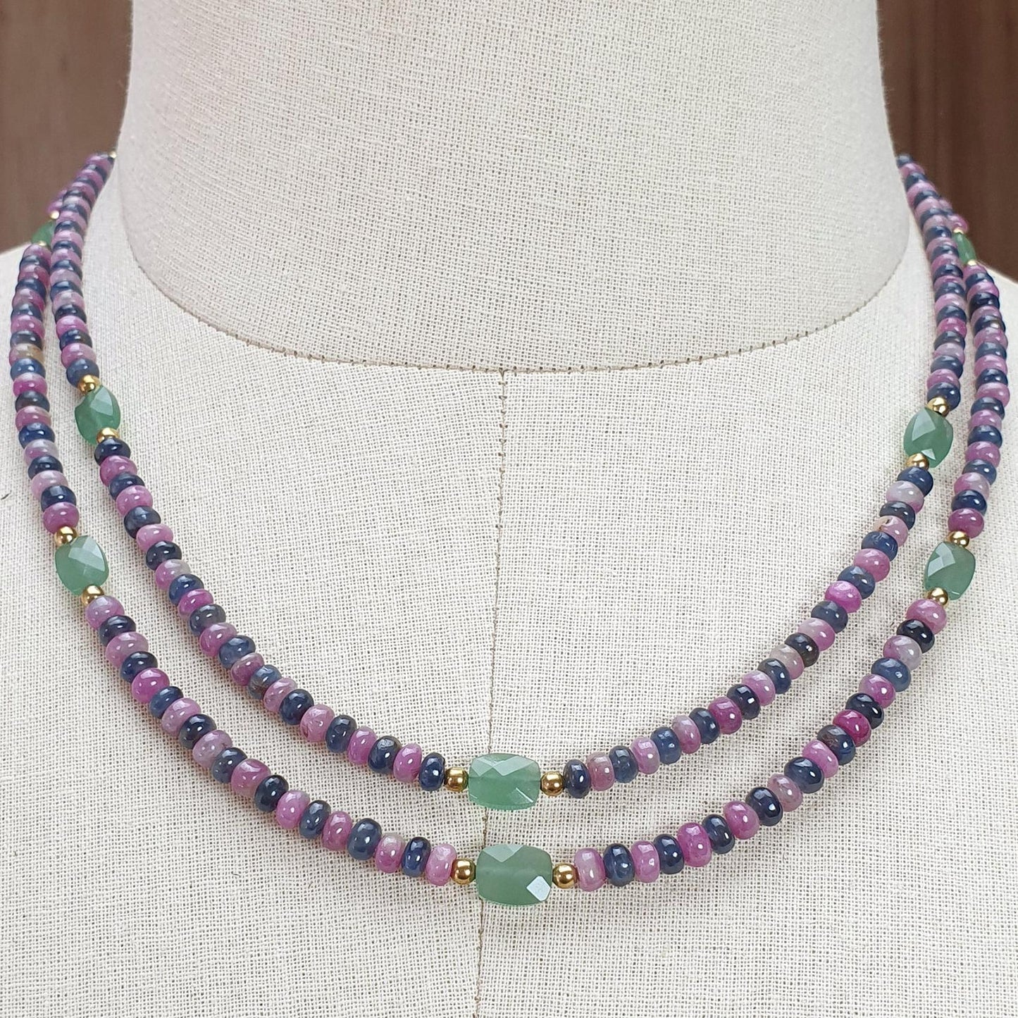 Zoisite Ruby & Blue Sapphire Gemstone Beads Necklace: Natural Untreated Ruby, Green Quartzite Plain Rondelle Brass Necklace 18" 1 Strand