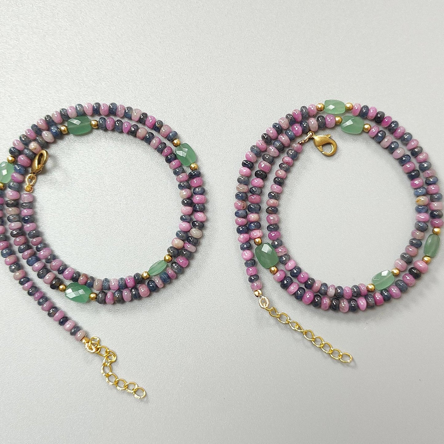 Zoisite Ruby & Blue Sapphire Gemstone Beads Necklace: Natural Untreated Ruby, Green Quartzite Plain Rondelle Brass Necklace 18" 1 Strand