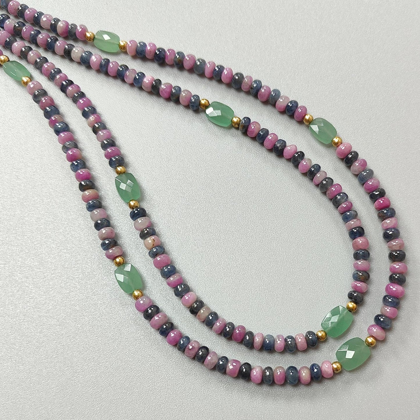 Zoisite Ruby & Blue Sapphire Gemstone Beads Necklace: Natural Untreated Ruby, Green Quartzite Plain Rondelle Brass Necklace 18" 1 Strand