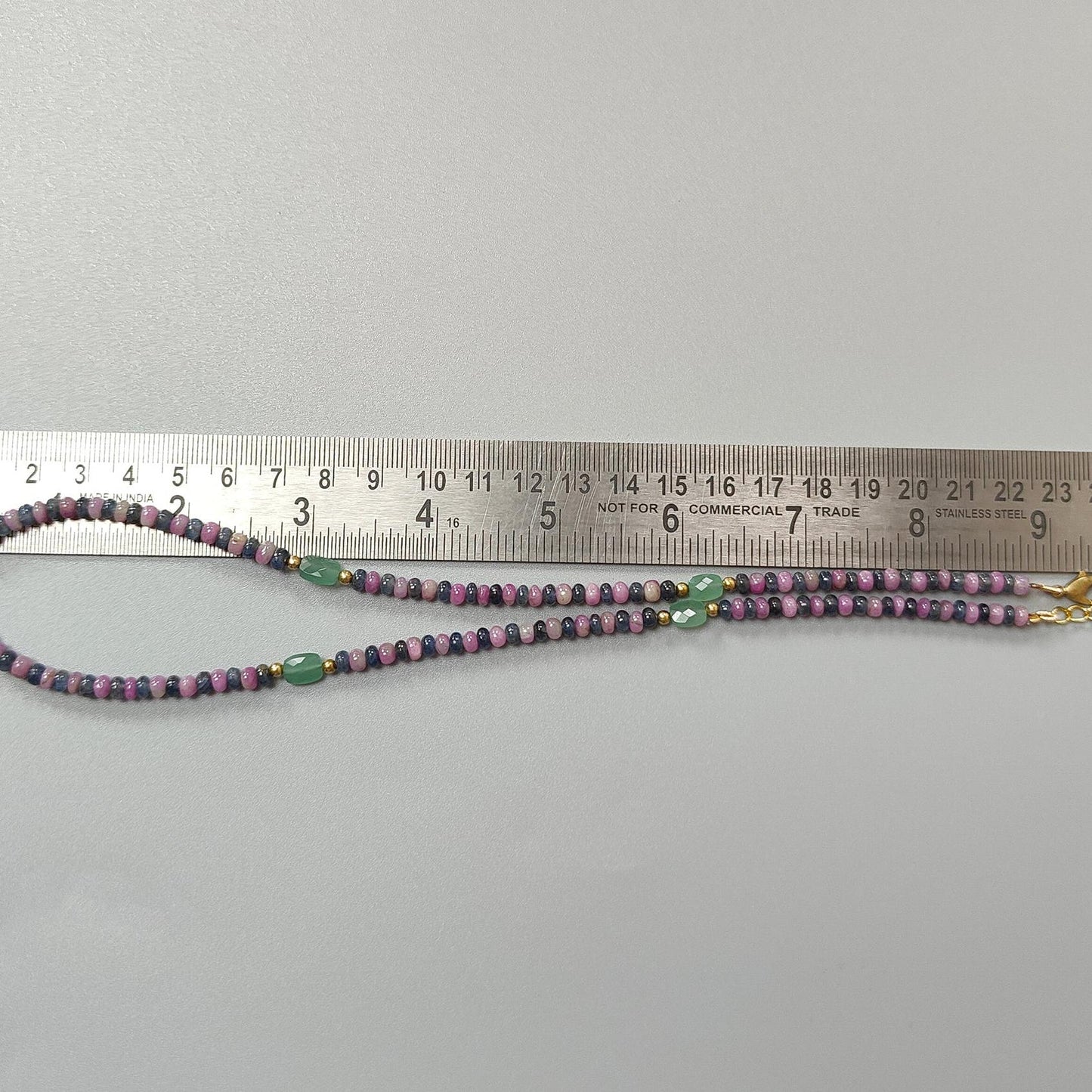 Zoisite Ruby & Blue Sapphire Gemstone Beads Necklace: Natural Untreated Ruby, Green Quartzite Plain Rondelle Brass Necklace 18" 1 Strand