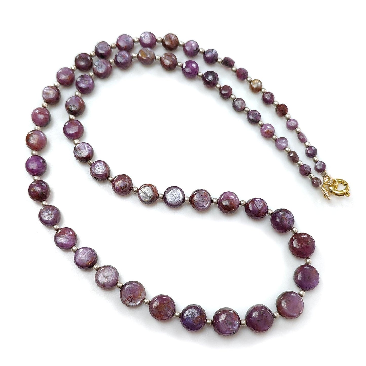 Pink Sapphire Gemstone Beads Necklace: 159.50cts Natural Untreated Raspberry Sapphire Plain Side Faceted Round Brass Necklace 4mm - 9mm 20"