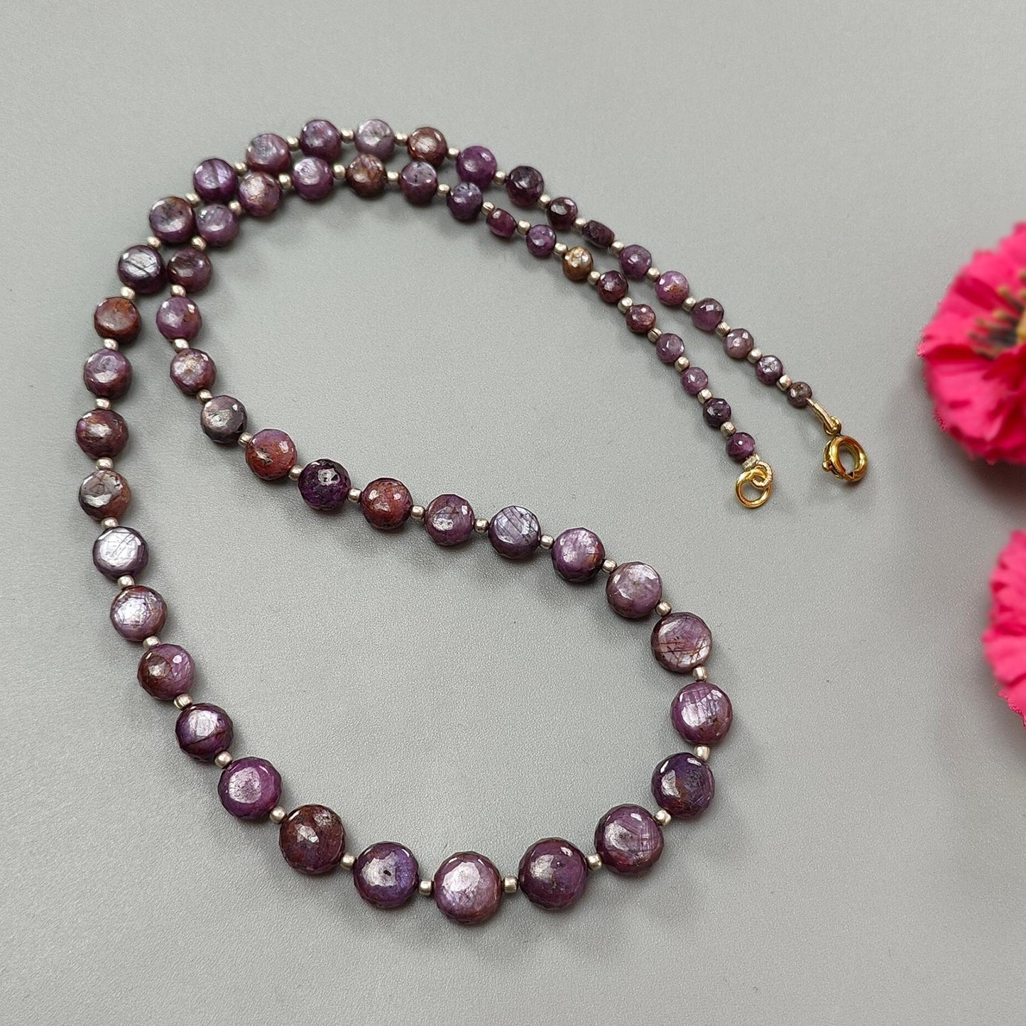 Pink Sapphire Gemstone Beads Necklace: 159.50cts Natural Untreated Raspberry Sapphire Plain Side Faceted Round Brass Necklace 4mm - 9mm 20"