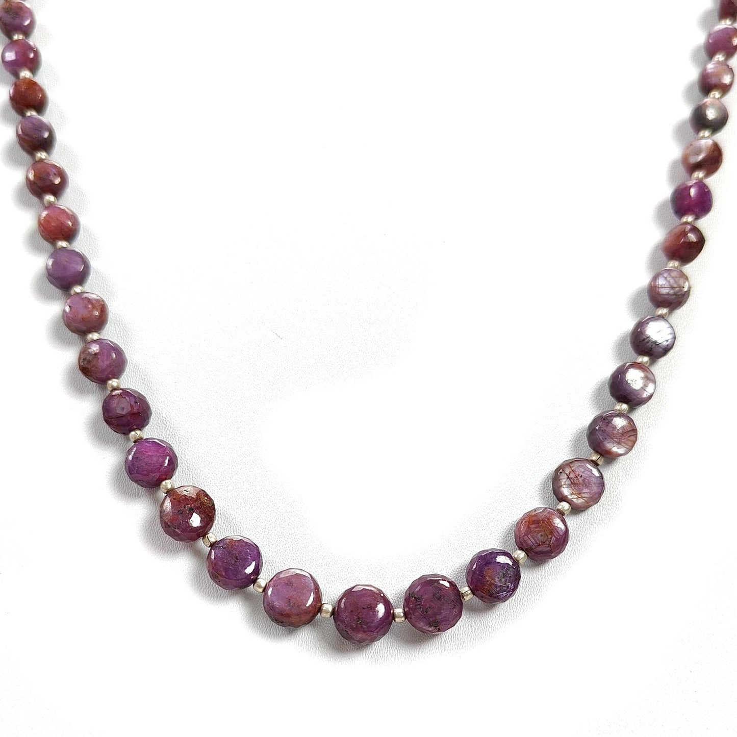 Pink Sapphire Gemstone Beads Necklace: 159.50cts Natural Untreated Raspberry Sapphire Plain Side Faceted Round Brass Necklace 4mm - 9mm 20"