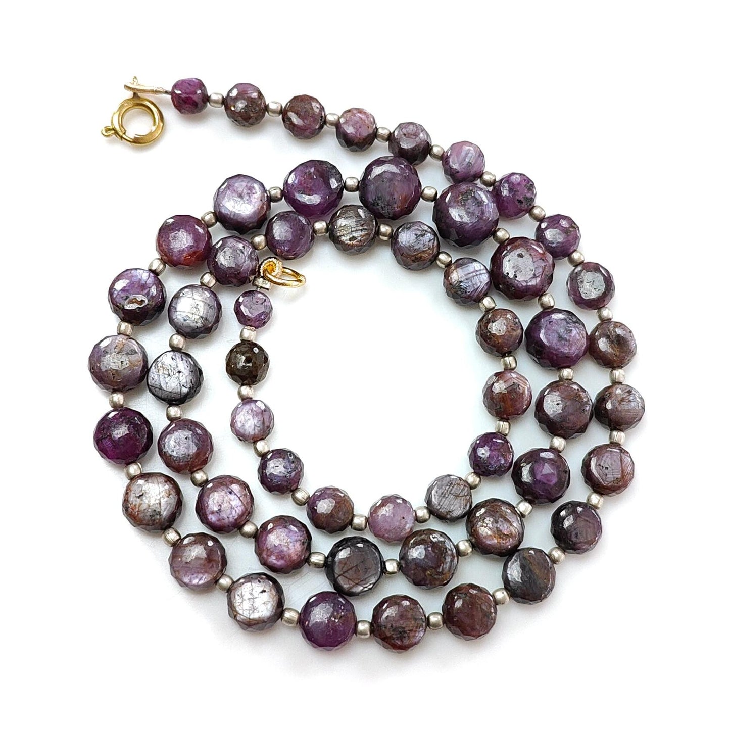 Pink Sapphire Gemstone Beads Necklace: 162.00cts Natural Untreated Raspberry Sapphire Plain Side Faceted Round Brass Necklace 5mm - 9mm 19"