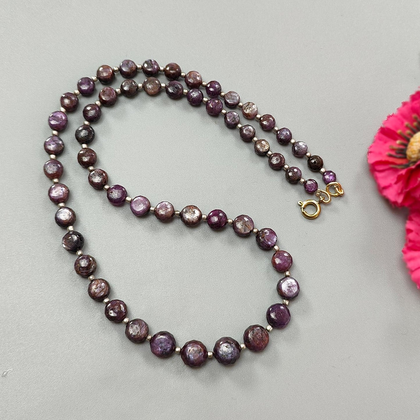 Pink Sapphire Gemstone Beads Necklace: 162.00cts Natural Untreated Raspberry Sapphire Plain Side Faceted Round Brass Necklace 5mm - 9mm 19"
