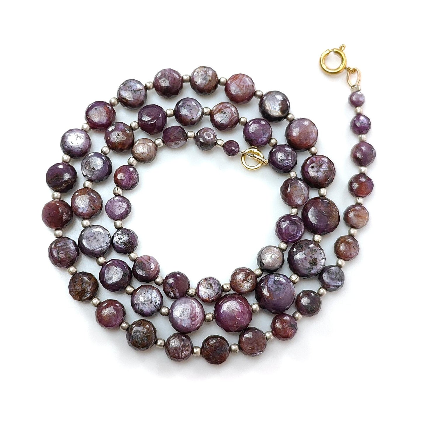 Pink Sapphire Gemstone Beads Necklace: 170.00cts Natural Untreated Raspberry Sapphire Plain Side Faceted Round Brass Necklace 4mm - 9mm 20"
