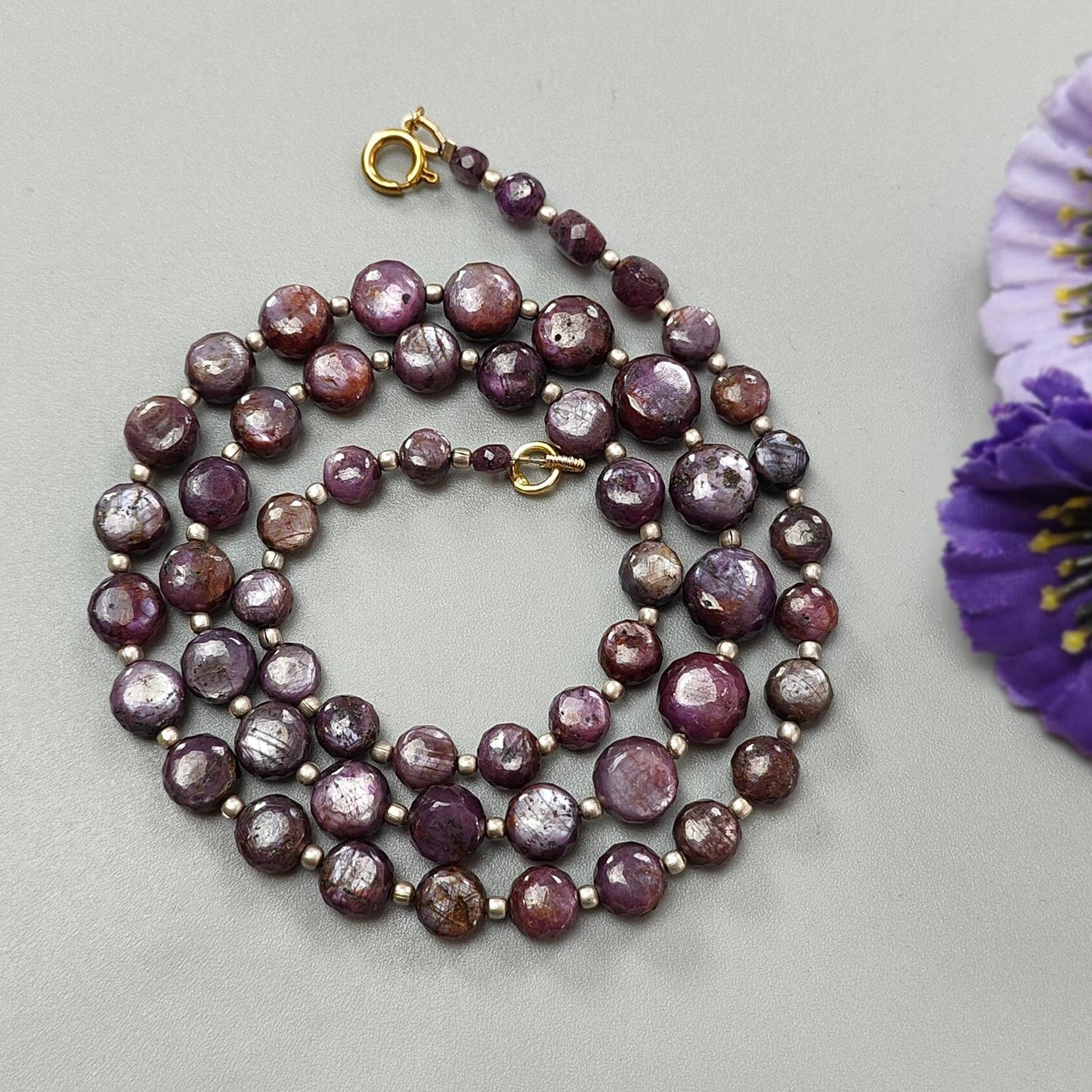 Pink Sapphire Gemstone Beads Necklace: 170.00cts Natural Untreated Raspberry Sapphire Plain Side Faceted Round Brass Necklace 4mm - 9mm 20"