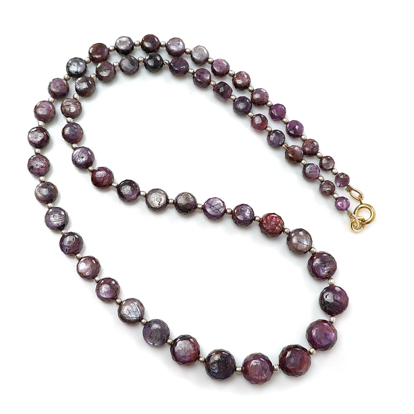 Pink Sapphire Gemstone Beads Necklace: 177.50cts Natural Untreated Raspberry Sapphire Plain Side Faceted Round Brass Necklace 5mm - 10mm 20"