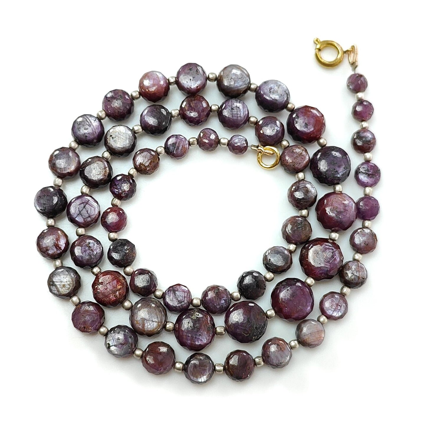 Pink Sapphire Gemstone Beads Necklace: 177.50cts Natural Untreated Raspberry Sapphire Plain Side Faceted Round Brass Necklace 5mm - 10mm 20"